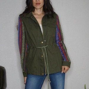 INA Olive Green Utility Jacket w/ Geometric Woven Sleeves and Details Size M